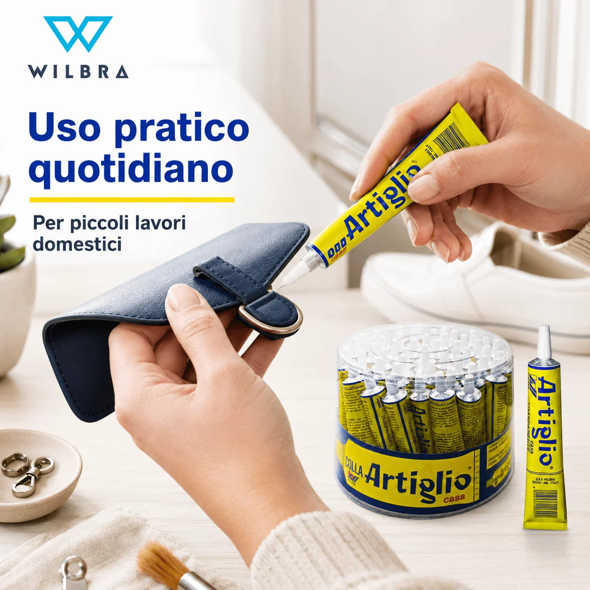Confezione da 48 tubetti Colla Artiglio Bianca Wilbra 25 ml, adesivo in tubetto per lavori manuali, scuola, ufficio, bricolage e uso quotidiano