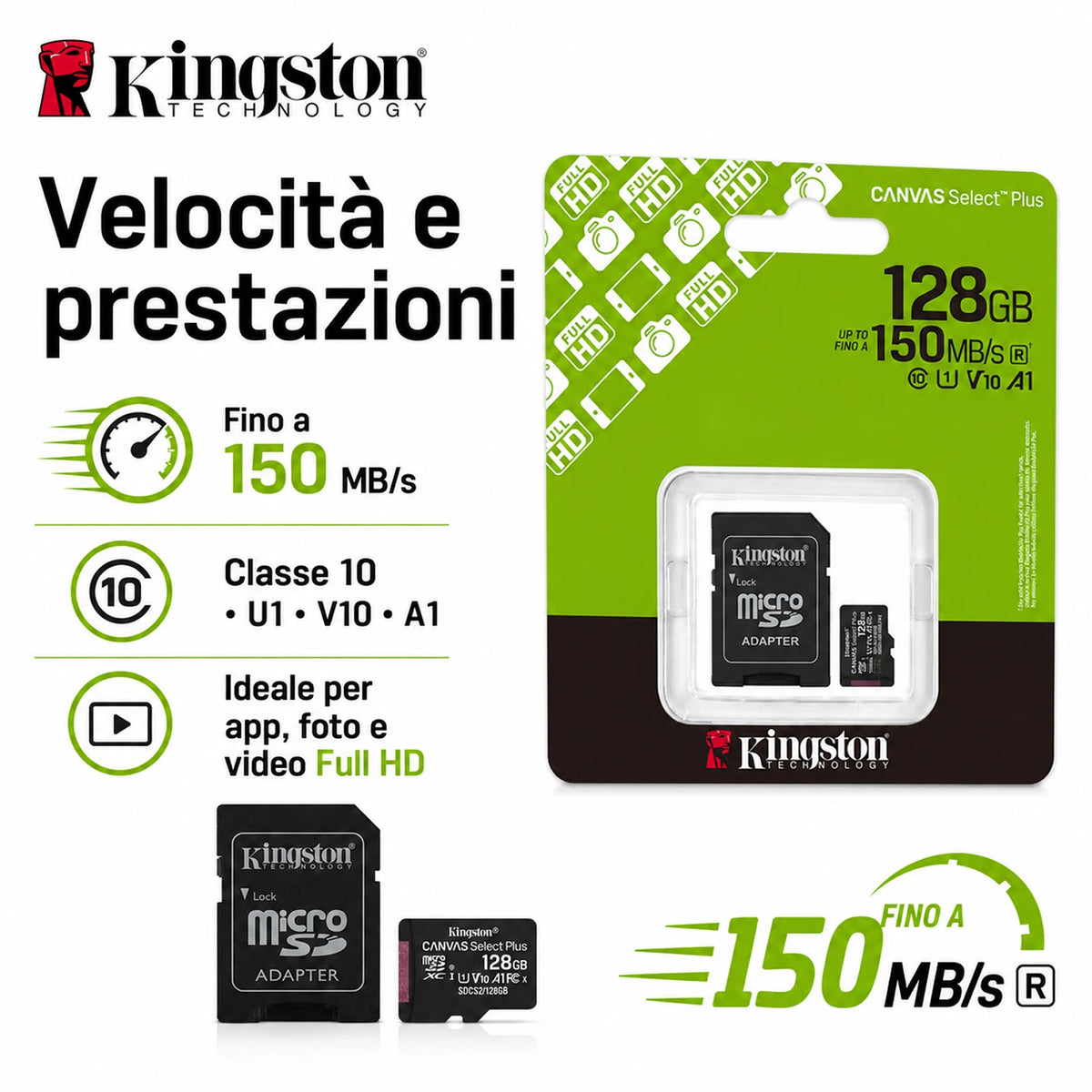 Confezione da 5 schede di memoria Kingston Canvas Select Plus microSD 128 GB, microSDXC Gen3 150 MB/s A1, adattatore SD incluso, SDCS3/128GB
