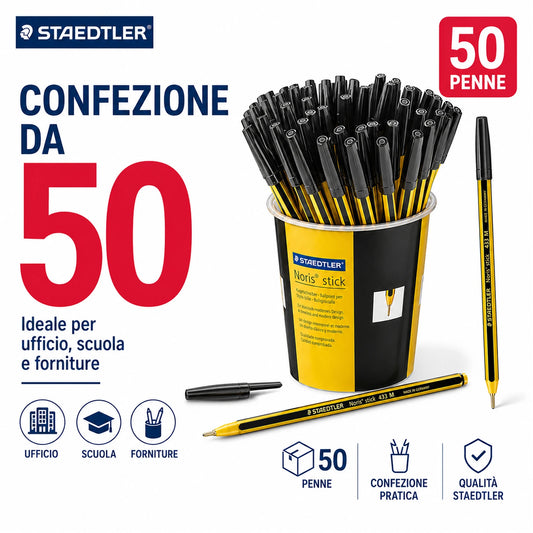 Confezione da 50 penne a sfera Staedtler Noris Stick nere, penne per scuola, ufficio, cancelleria, appunti e scrittura quotidiana