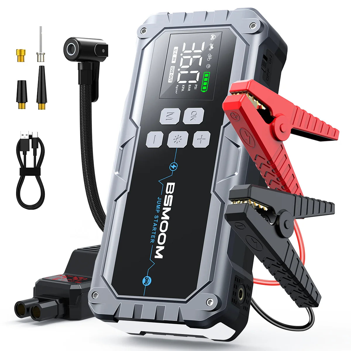 Avviatore di Emergenza per Auto con Compressore d'Aria Senza Fili, Gonfiatore Pneumatici, Booster Batteria con Power Bank e Torcia LED, Avviatore 12V per Tutti i Veicoli a Benzina o Diesel fino a 10.0L, Avviatore di Emergenza