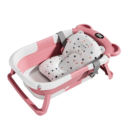 Vasca da bagno pieghevole per bambini con termometro Tappetino da bagno antiscivolo Supporto per cuscino Vasca da doccia portatile per neonato per piscina da viaggio 0-15M