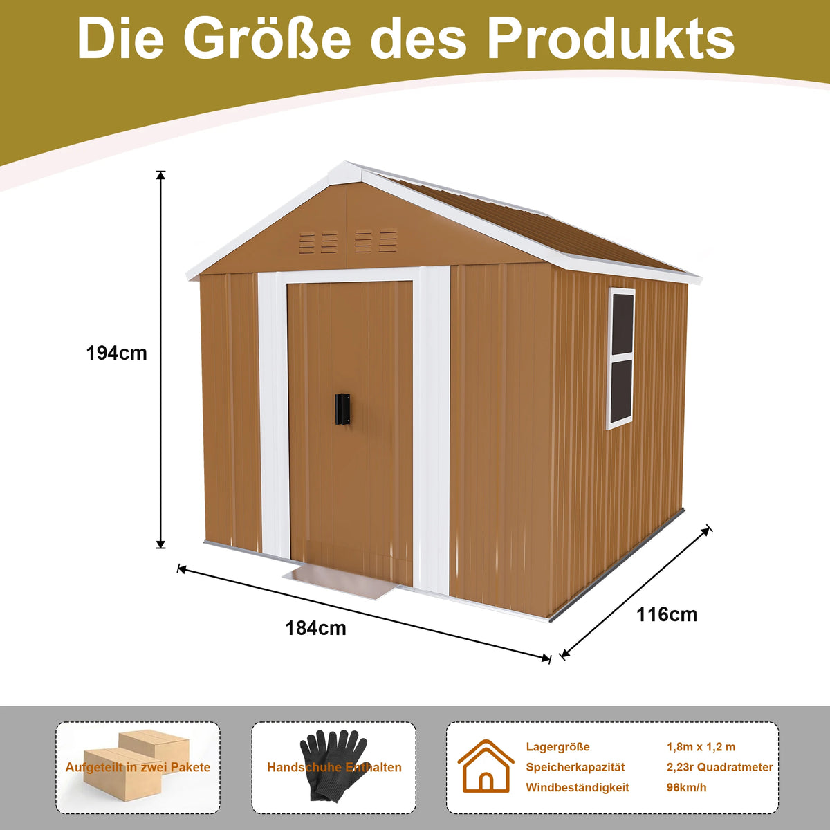 Casetta da giardino 1,8x1 m, capanno per attrezzi da esterno in metallo resistente alle intemperie con finestra, porta con serratura e sistema di ventilazione, senza pavimento, robusta casetta da giardino in acciaio per corti