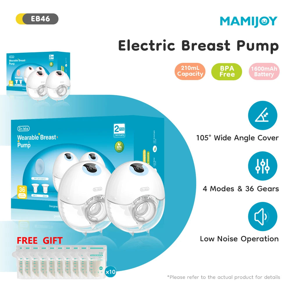 MAMIJOY Tiralatte Elettrico Indossabile 2 Pezzi, 4 Modalità e 36 Livelli, Senza Mani, Silenzioso, Capacità 210ml, Regalo 10 Sacchetti per la Conservazione del Latte EB46D