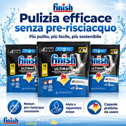 Finish Ultimate Limone 16 Tabs per Confezione, Pastiglie per Lavastoviglie, Varianti da 3 o 4 Confezioni, 48 o 64 Tabs Totali