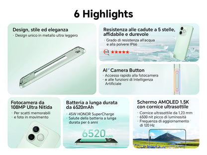 2026 New HONOR 600 Lite 5G Smartphone, Fotocamera AI da 108MP, Display AMOLED da 6.6", Batteria da 6520mAh con Ricarica Rapida 45W, Cellulare Android 16 Sbloccato, IP66&SGS, Dual SIM, NFC