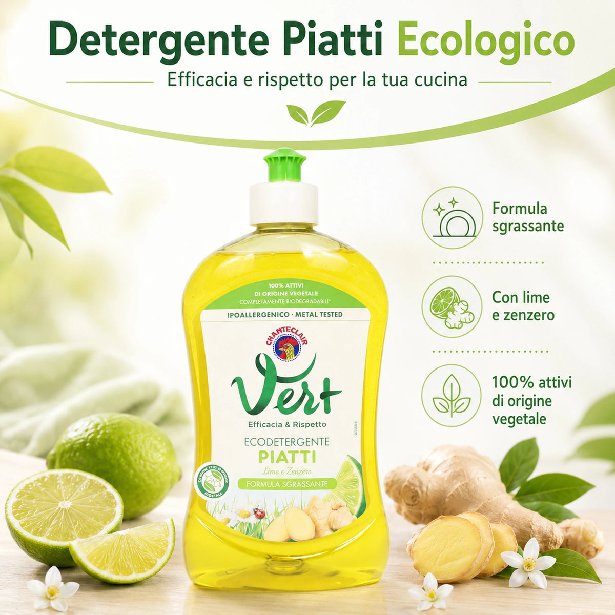 Confezione da 12 Chanteclair Piatti Lime e Zenzero 500 ml, detersivo liquido per stoviglie, formato scorta per cucina e uso quotidiano