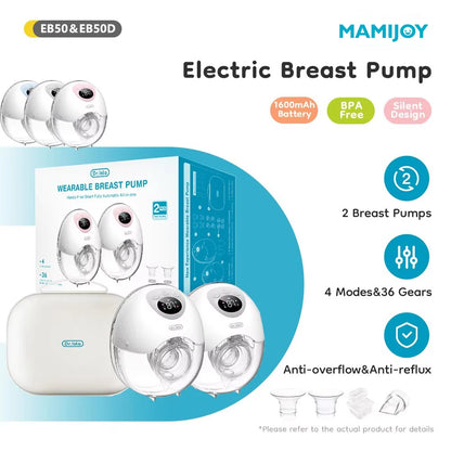 MAMIJOY Tiralatte elettrico indossabile 4 modalità 36 livelli di aspirazione Mani libere 35dB Tiralatte a basso rumore Allattamento al seno EB50 eEB50D