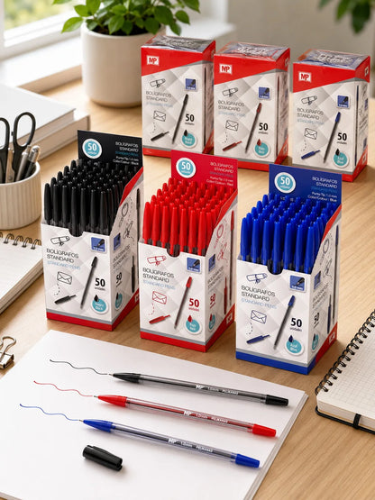 Confezione da 50 penne a sfera classiche, punta media, 1,0 mm. |     Penne a scrittura fluida per scuola, ufficio e studio |     Corpo trasparente, 14,5 cm (blu / nero / rosso).
