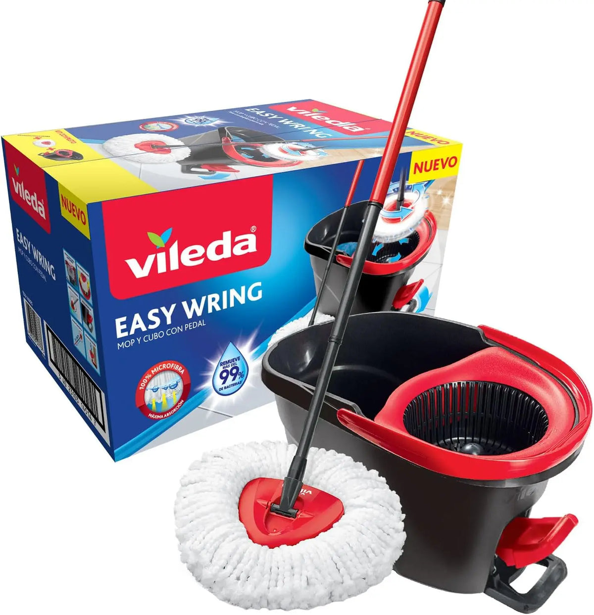 Sistema di Pulizia Pavimenti Vileda Turbo con Secchio e Pedale, Mop in Microfibra 2-in-1, Piastra Triangolare a 360° °   Manico Telescopico