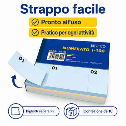 Confezione da 10 blocchi numerati 1/100 BLU963, blocchi da 100 fogli per ricevute, turni, magazzino, ufficio e attività commerciali