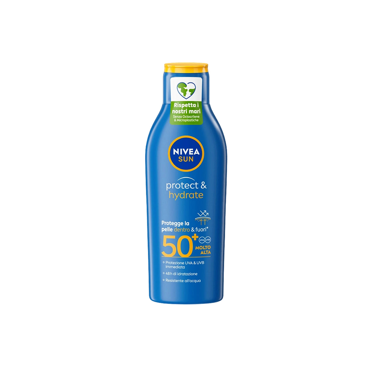 Confezione da 2 o 3 flaconi NIVEA SUN Protect & Hydrate Latte Solare SPF 50 200 ml, protezione corpo alta per mare, viaggio, vacanze e attività all’aperto