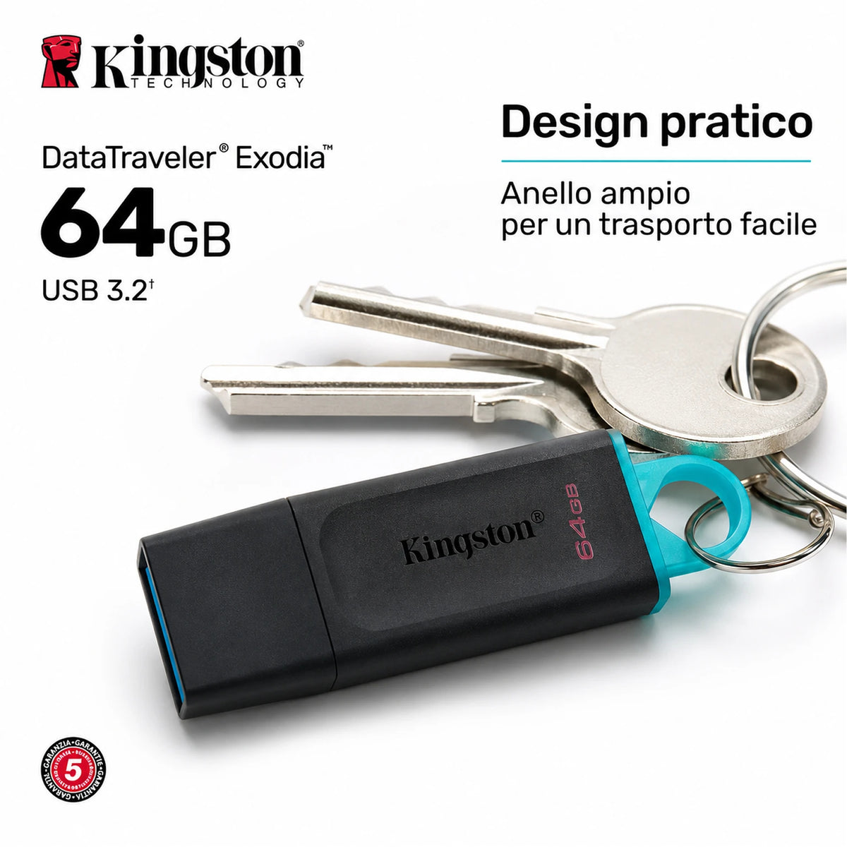 Confezione da 5 chiavette USB Kingston DataTraveler Exodia 64 GB, memoria USB 3.2 Gen 1, flash drive DTX/64GB per documenti, foto, video e backup