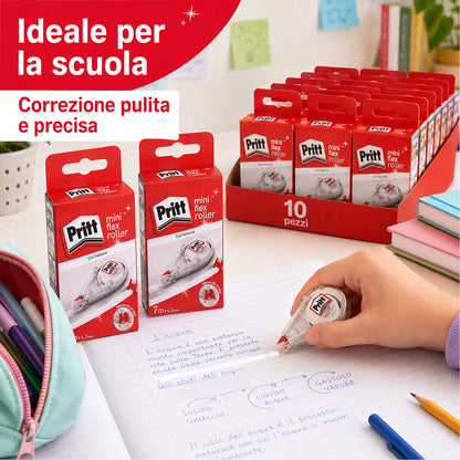 Confezione da 10 Pritt Correttore Mini Roller 4,2 mm x 7 m, punta flessibile con funzione push-pull, correttori a nastro per scuola e ufficio