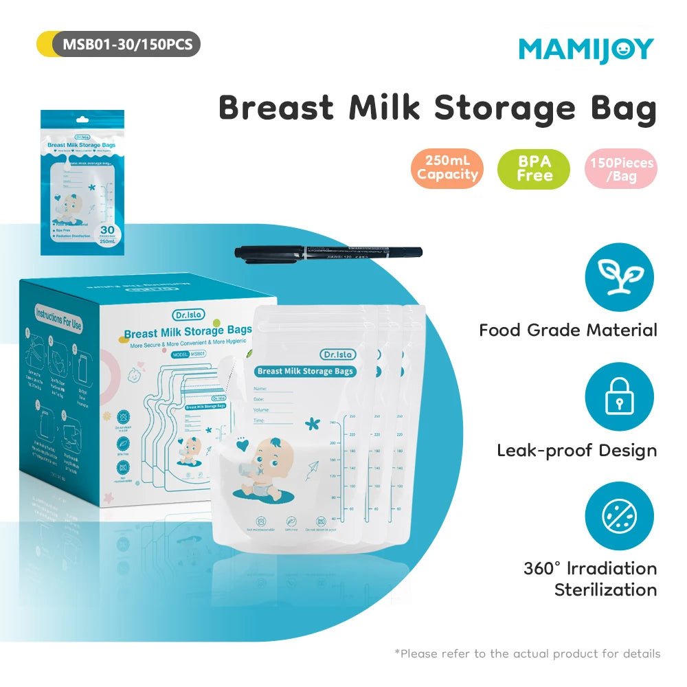 MAMIJOY Sacchetto per la conservazione del latte materno 250ML 30/150PCS Design con chiusura a doppia guarnizione e beccuccio indipendente Sacchetto per la conservazione del latte senza BPA Regalo Penna MSB01