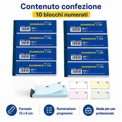 Confezione da 10 blocchi numerati 1/100 BLU963, blocchi da 100 fogli per ricevute, turni, magazzino, ufficio e attività commerciali