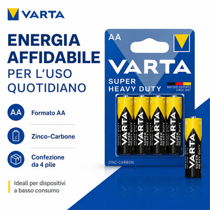 Pacco scorta Batterie AA VARTA Super Heavy Duty Zinco-Carbon 1,5V R6 per Telecomandi Orologi Sveglie