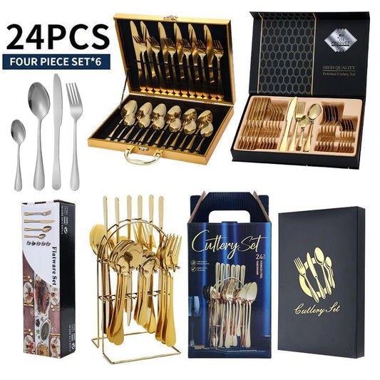 Set di posate in acciaio inossidabile color argento, composto da 24 pezzi: coltelli, forchette, cucchiai e cucchiaini, ideale per la tavola di casa e come regalo – set per 6 persone.