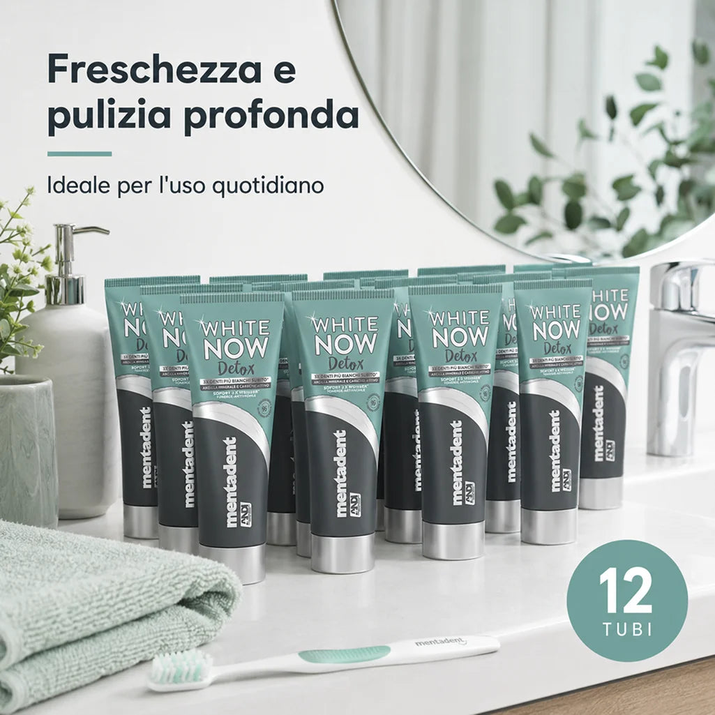 Confezione da 12 Mentadent White Now Detox Carbone 75 ml, dentifricio per igiene orale quotidiana, 900 ml totali