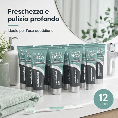 Confezione da 12 Mentadent White Now Detox Carbone 75 ml, dentifricio per igiene orale quotidiana, 900 ml totali