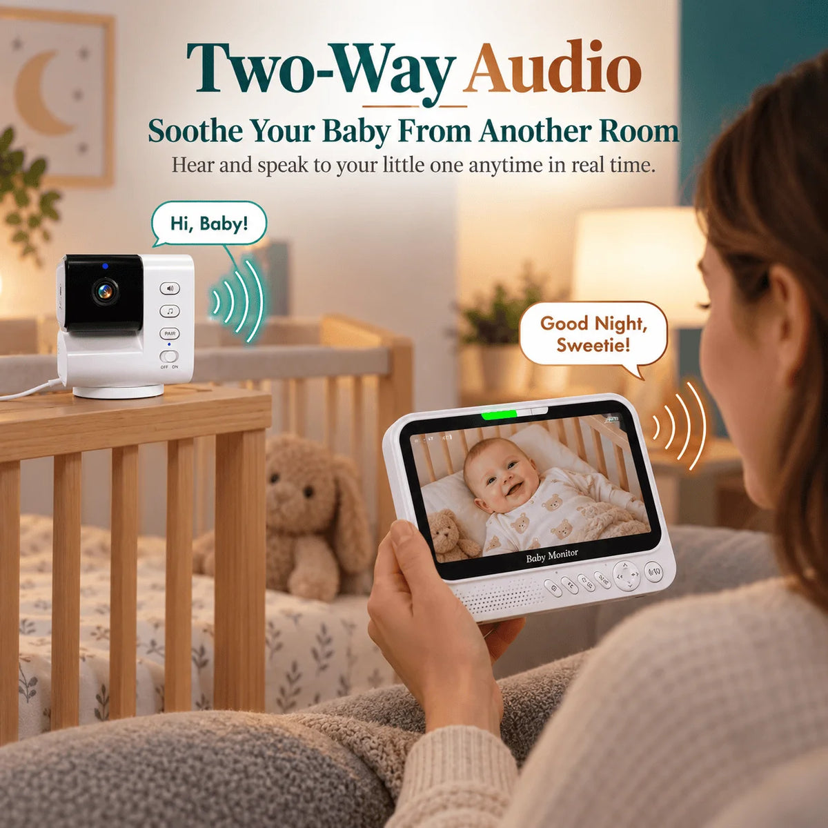 Monitor per bambini intelligente da 7 pollici con telecamera PTZ avanzata, zoom, sensore di temperatura, funzione di ninna nanna rilassante, visione notturna e audio bidirezionale. Offre una sorveglianza affidabile per la sic