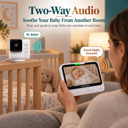 Monitor per bambini intelligente da 7 pollici con telecamera PTZ avanzata, zoom, sensore di temperatura, funzione di ninna nanna rilassante, visione notturna e audio bidirezionale. Offre una sorveglianza affidabile per la sic