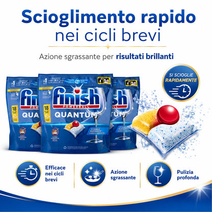 Confezione da 3 Finish Quantum Limone, 18 tabs per confezione, 54 pastiglie totali per lavastoviglie