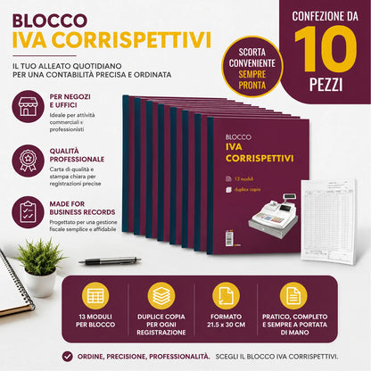 Confezione da 10 registri IVA Blu927 22x30 cm, 13 fogli x 2 copie, moduli registro per contabilità, ufficio, amministrazione e attività commerciali
