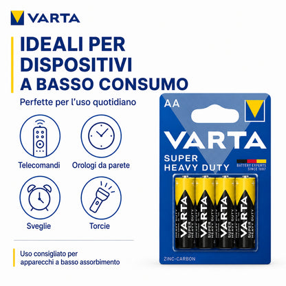 Pacco scorta Batterie AA VARTA Super Heavy Duty Zinco-Carbon 1,5V R6 per Telecomandi Orologi Sveglie