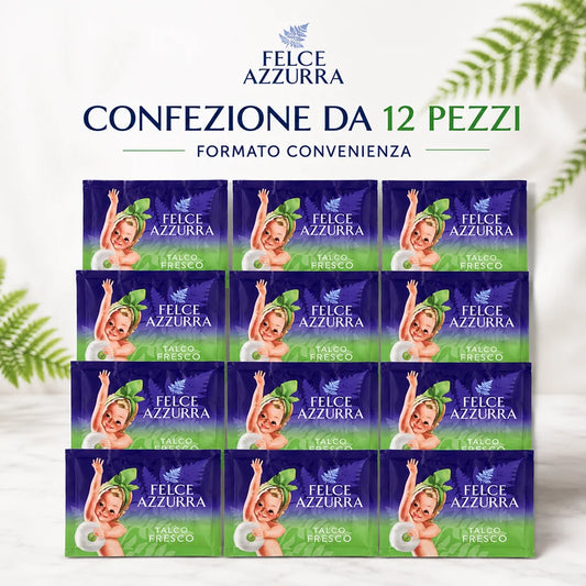 Confezione da 12 Felce Azzurra Talco Fresco in Busta 100 g, talco profumato per la cura quotidiana del corpo, 1,2 kg totali