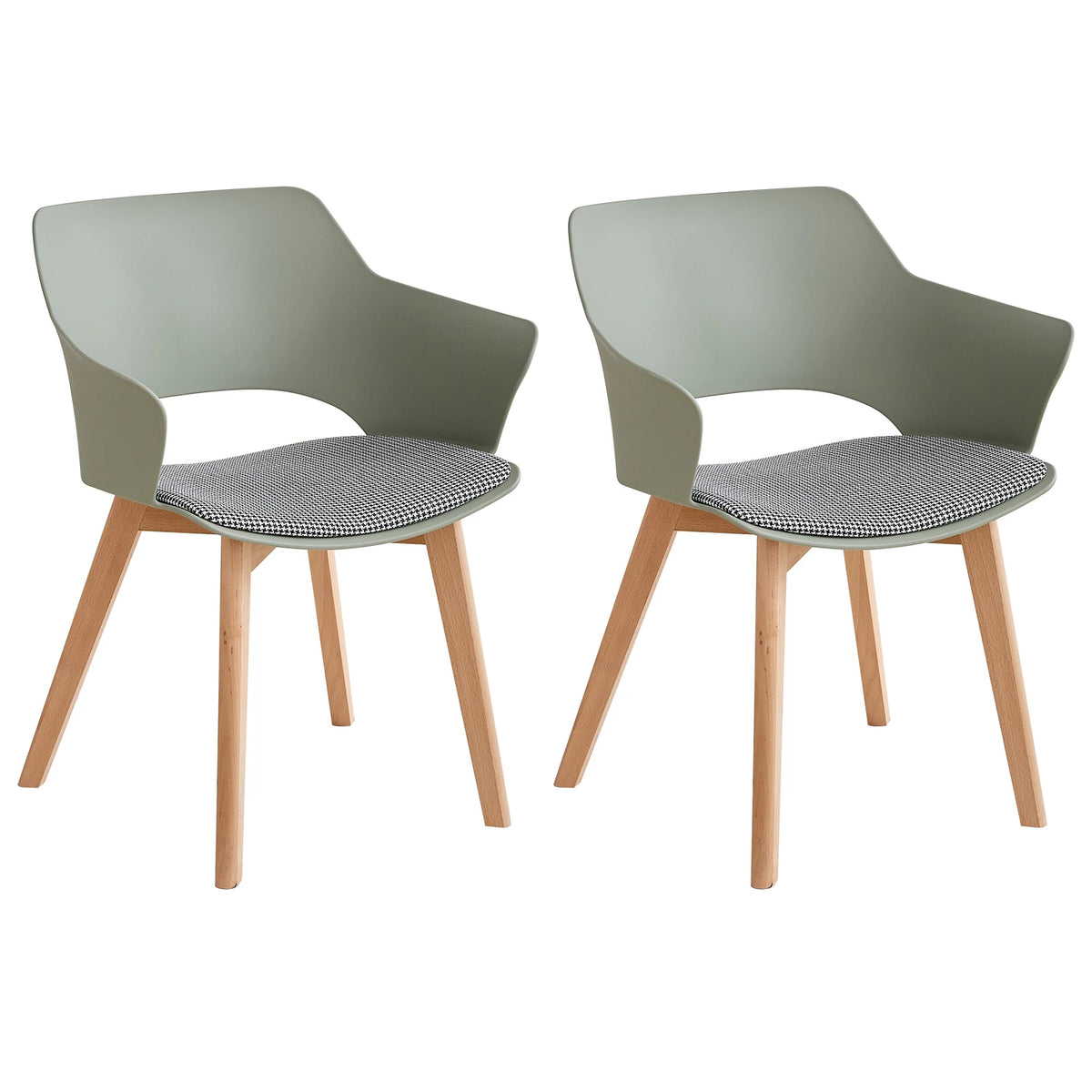 Sedie da pranzo moderne da 2 pezzi con braccioli - Guscio in PP + Gambe in legno + Cuscino in tessuto pied de poule per cucina, soggiorno, caffè