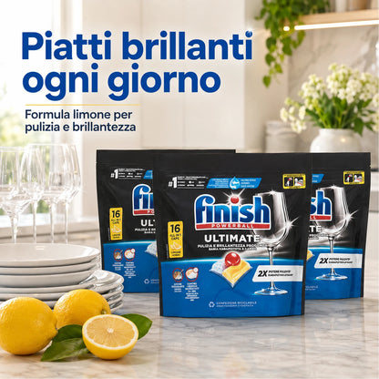 Finish Ultimate Limone 16 Tabs per Confezione, Pastiglie per Lavastoviglie, Varianti da 3 o 4 Confezioni, 48 o 64 Tabs Totali