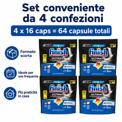 Finish Ultimate Limone 16 Tabs per Confezione, Pastiglie per Lavastoviglie, Varianti da 3 o 4 Confezioni, 48 o 64 Tabs Totali