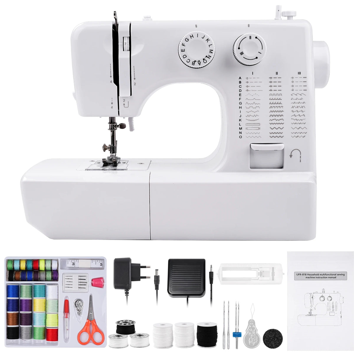 Macchina da cucire elettrica mini fai-da-te per uso domestico, 45 punti, con kit da cucito da 42 pezzi, braccio libero per cucire polsini e maniche, EU