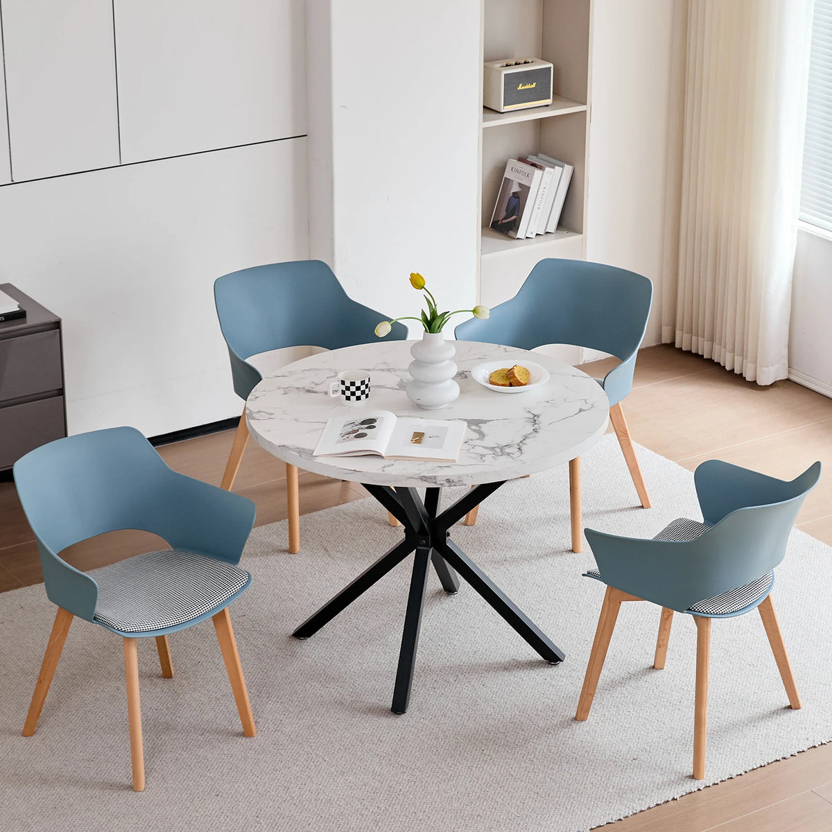 Sedie da pranzo moderne da 2 pezzi con braccioli - Guscio in PP + Gambe in legno + Cuscino in tessuto pied de poule per cucina, soggiorno, caffè