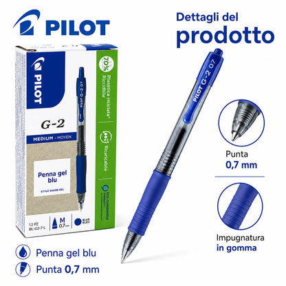 Confezione da 12 penne Pilot G2 blu 0,7 mm, penne a scatto per scuola, ufficio, appunti, documenti e cancelleria