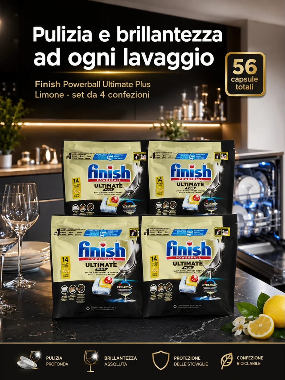 Finish Ultimate Plus Limone 14 Tabs per Confezione, Pastiglie per Lavastoviglie, Varianti da 3 o 4 Confezioni, 42 o 56 Tabs Totali