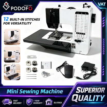 Podofo, macchina da cucire elettrica multifunzione con 12 punti, macchina da cucire portatile con velocità regolabile, ideale per principianti e bambini, per lavori di bricolage e progetti creativi, dotata di pedale e spina