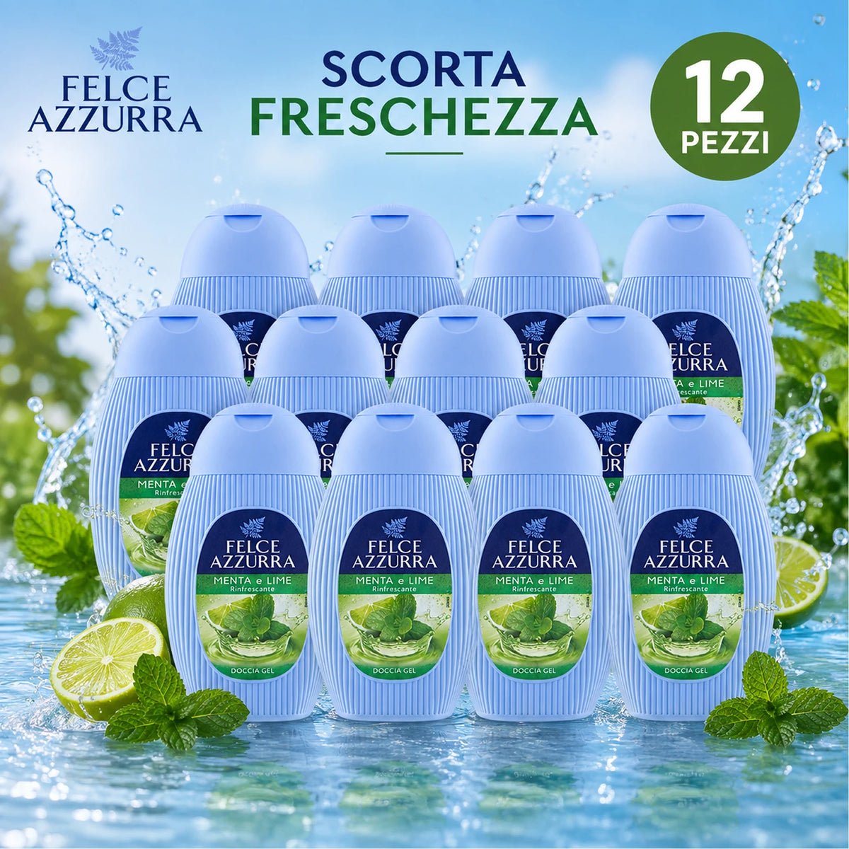 Confezione da 12 Felce Azzurra Doccia Menta e Lime 250 ml, bagnodoccia profumato per la detersione quotidiana, 3 L totali