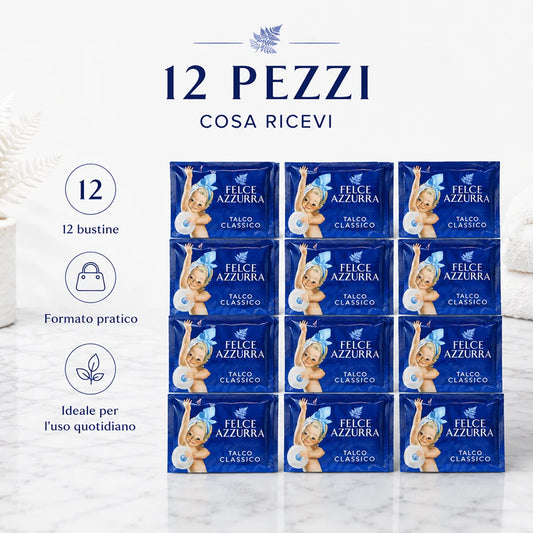 Confezione da 12 Felce Azzurra Talco Classico in Busta 100 g, talco profumato per la cura quotidiana del corpo, 1,2 kg totali