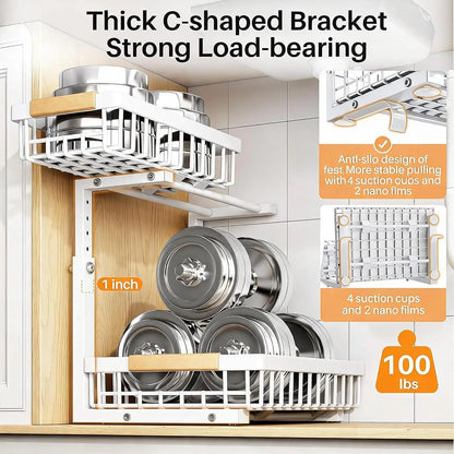 Organizzatore a 2 livelli sotto il lavello, scaffale scorrevole in acciaio al carbonio, mobiletto sottolavello in metallo, a forma di L, altezza regolabile, salvaspazio, ripiano estraibile per cucina e bagno, bianco