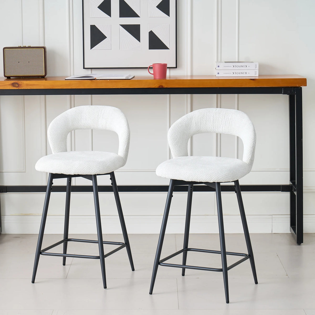 EGOONM Set da 2/4 sgabelli da bar girevoli in lino con schienale aperto e poggiapiedi, sedie da bar moderne imbottite per isola cucina, gambe in metallo nero