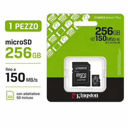 Confezione da 1 scheda di memoria Kingston Canvas Select Plus microSD 256 GB, microSDXC Gen3 UHS-I Class 10 A1 V10, 150 MB/s lettura, adattatore SD incluso