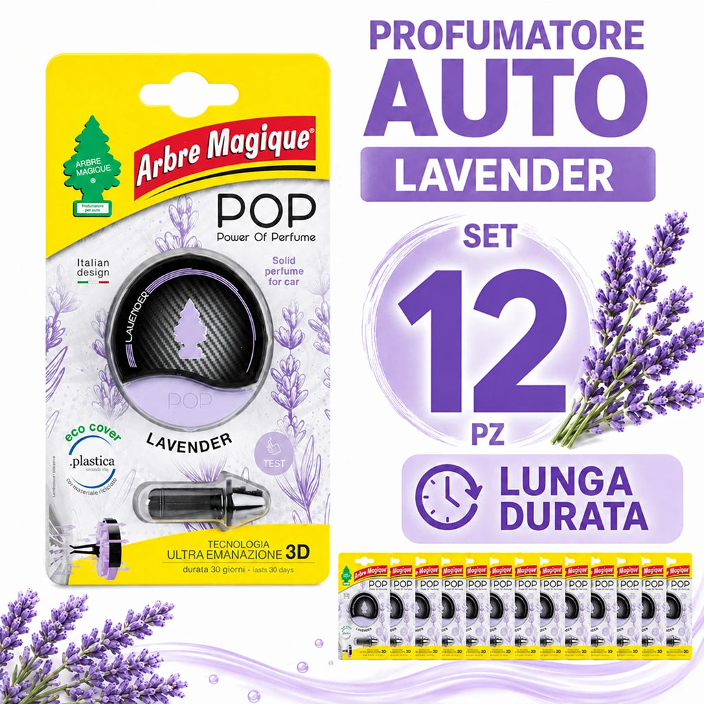 Confezione da 6 o 12 Arbre Magique POP Lavanda, profumatori auto solidi, fragranza decisa e fresca, formato scorta per auto, furgone, armadio e piccoli ambienti