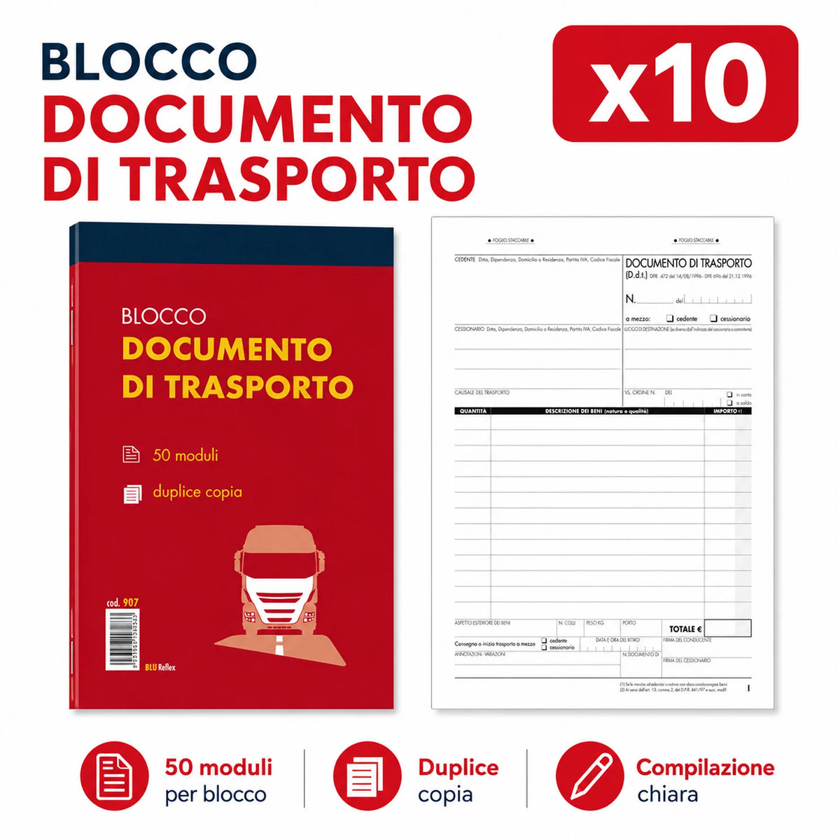 Confezione da 10 blocchi Documenti di Trasporto DDT 3 copie 15x23 cm, 50 fogli x 3 copie, moduli per spedizioni, consegne, magazzino e ufficio