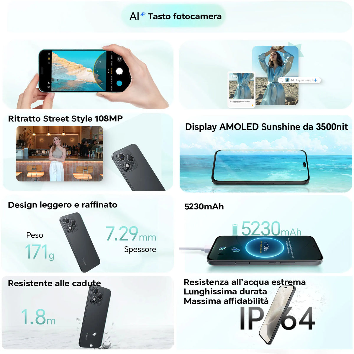 HONOR 400 Lite Smartphone 5G Dual SIM NFC, 108MP con pulsante AI telefono Android 15 , 6.7 pollici AMOLED Eye-Care Display , 5230 mAh,IP64&SGS, Velvet Black [Versione italiana]