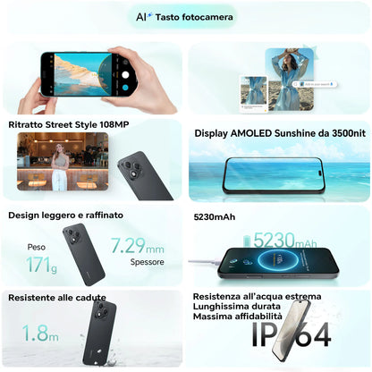 HONOR 400 Lite Smartphone 5G Dual SIM NFC, 108MP con pulsante AI telefono Android 15 , 6.7 pollici AMOLED Eye-Care Display , 5230 mAh,IP64&SGS, Velvet Black [Versione italiana]