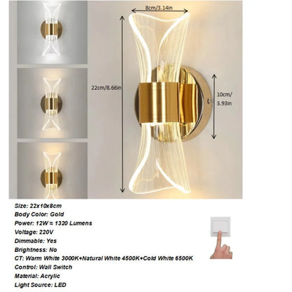 Lampada da parete per interni a LED 12W Lampada da parete moderna dimmerabile a 3 temperature di colore, illuminazione da parete in metallo acrilico per scale dell'ufficio della camera da letto