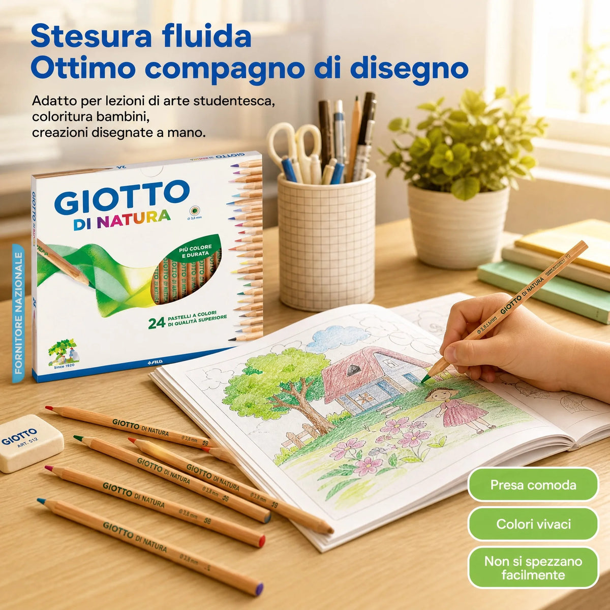 GIOTTO Di Natura – Set 24 Pastelli a Colori in Legno Naturale, Mina 3,8 mm