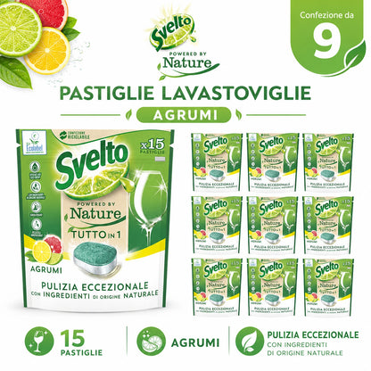 Confezione da 9 Svelto Tabs Tutto in 1 Agrumi, pastiglie lavastoviglie 15 pezzi, formato scorta per cucina, casa e uso quotidiano