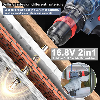 Trapano Cordless Brushless 16.8V 45Nm a 2 Velocità con Luce LED, Trapano Elettrico Ricaricabile per Fai-da-Te Domestico, Lavorazione del Legno e Foratura del Metallo con 2 Batterie da 1300mAh